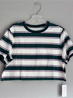 Lily Coco Striped Crop Tee in Dark Green, White & Pink women’s L